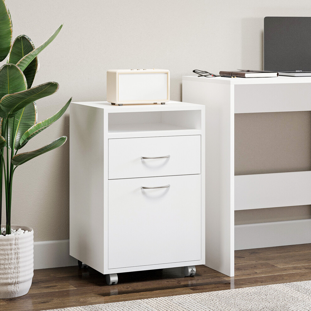 Homcom 60Cm Filing Cabinet With Drawers And Open Shelf, White