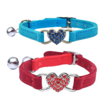 (As show, Purple-Black) Soft Velvet Safe Cat Adjustable Collar with Crystal Heart Charm and Bells