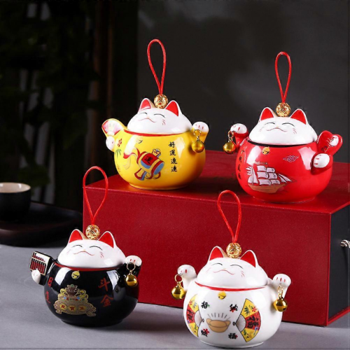 Fortune Cat Canister Ceramic Kitchen Use Moisture-Proof Dust-Proof 1Pcs 1