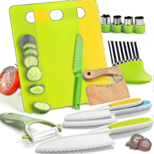Set di utensili da cucina per bambini da 17 pezzi con coltelli sicuri in plastica e tagliere