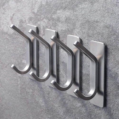 Adhesive Wall Hooks 4 Pack Rustproof Stainless Steel Double Hooks for Bathroom Kitchen Bedroom