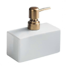 Distributeur de savon en céramique moderne, finition or mat, 383 ml, forme rectangulaire.