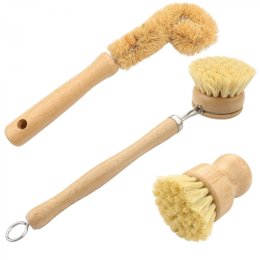 Natural Dish Washing Brush Set with Ergonomic Wooden Handle, EcoFriendly Pot and Bottle Cleaner