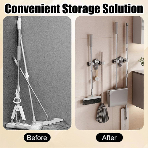 Wall Mounted Broom and Mop Holder with Adjustable Suction Cup Hooks for Bathroom Kitchen Garage 2