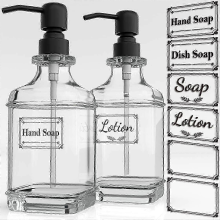 Lot de 2 distributeurs de savon en verre antique 532 ml (18 oz) avec pompe inox 304 et 6 autocollants transparents pour cuisine/salle de bain