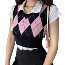 Strikket topp for jenter, argyle-rutete strikket genser i preppy-stil med smal passform, crop cut, V-hals crop tanktopp løs streetwear