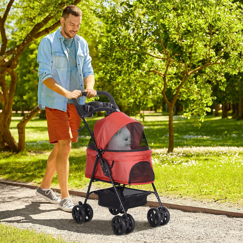 Pawhut Pet Stroller Foldable Travel Carriage W/ Brake Basket Canopy, Red