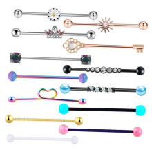 13x 14G Industrial Barbell Earrings Heart Flower Rhinestone Piercing J