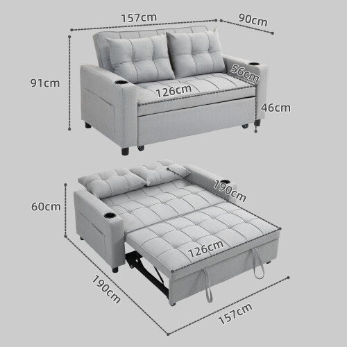 Homcom HOMCOM 2 Seater Pull Out Sofa Bed with Pockets for Living Room Light Grey 2