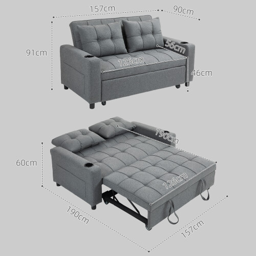 Homcom HOMCOM 2 Seater Pull Out Sofa Bed with Pockets for Living Room Charcoal Grey 2