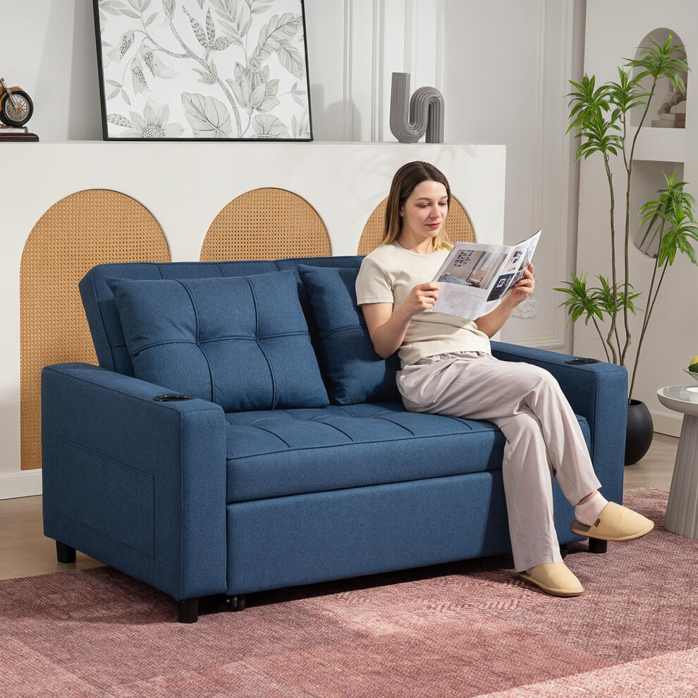 Homcom 2 Seater Pull Out Sofa Bed With Pockets For Living Room Dark Blue