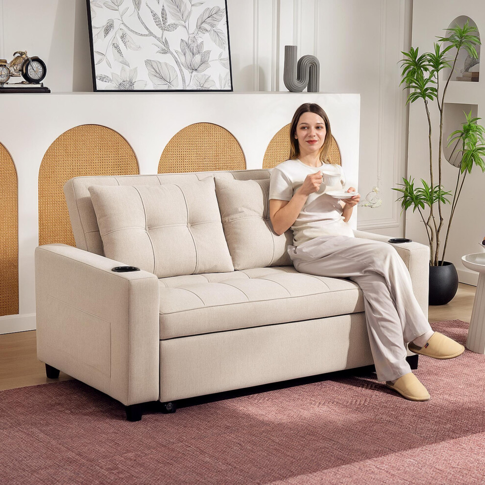 Homcom 2 Seater Pull Out Sofa Bed With Pockets For Living Room Beige Cream