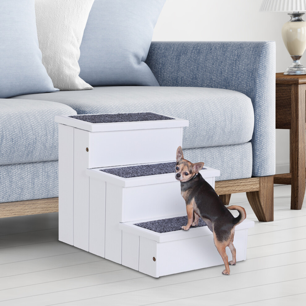 Pawhut 3 Step Wooden Dog Steps Pet Stairs Cat Ladder For Bed With Storage White