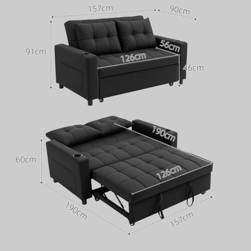 Homcom HOMCOM 2 Seater Pull Out Sofa Bed with Pockets for Living Room Black 2