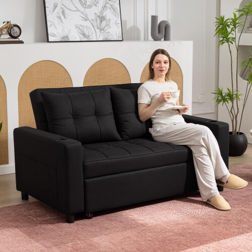 Homcom HOMCOM 2 Seater Pull Out Sofa Bed with Pockets for Living Room Black