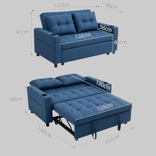 Homcom HOMCOM 2 Seater Pull Out Sofa Bed with Pockets for Living Room Dark Blue 2