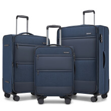 (Navy, 20+24+28Inch) 20/24/28Inch Soft Shell Suitcase Set Travel 4 Wheels Hand Luggage Check In Case