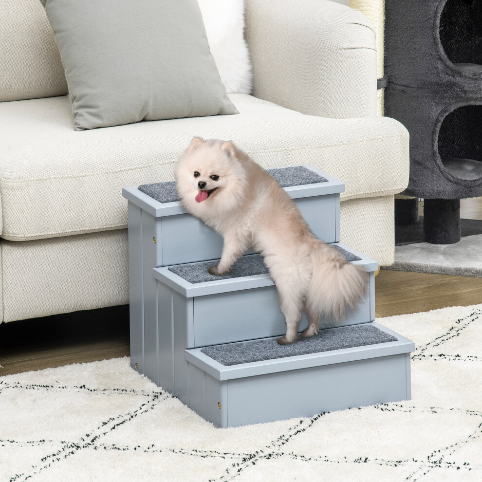 Pawhut 3 Step Wooden Dog Steps Pet Stairs Cat Ladder For Bed With Storage Grey
