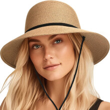 Beach Sun Hat for Women, Adjustable Strap Lightweight Straw Hat with Wind Lanyard, Foldable Wide Brim UPF Sun Protection Hat, Breathable Packable