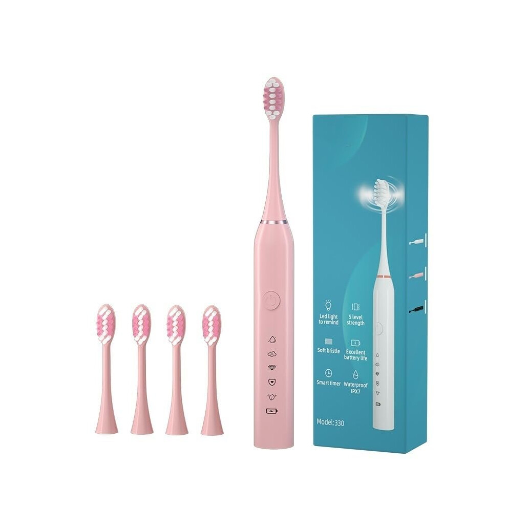 Pink Electric Toothbrush Ipx7 Waterproof Usb Rechargeable With 4 Replacement Heads And 6 Modes