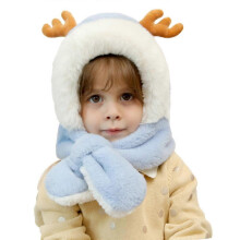 (As show, Blue) Soft lined winter warm hat with cute antlers for children girls boys