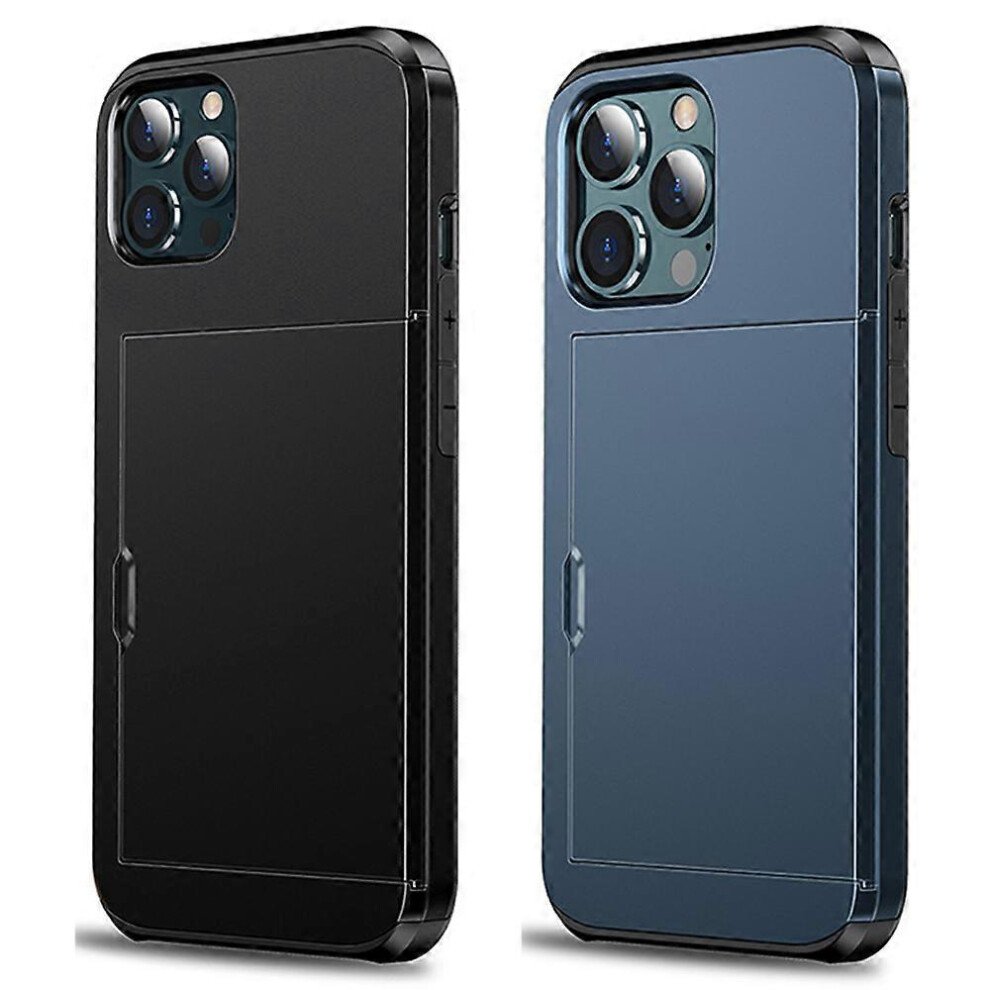 (As Show, Black - Navy Blue) 2Pcs Phone Case Credit Card Slot Sliding Hidden Protective Shell Back Cover For Iphone 14 Plus Blue,Black 5771908279175