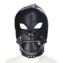 Black Faux Leather BDSM Mask With Zip Mouth Bondage Hood Open Eye Gimp Mask For Cosplay Sex Toy And Couples Restraint Roleplay