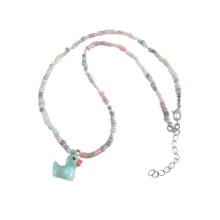Duck Shaped Pendant Necklace Contrast Colored Beads Neck-Blue