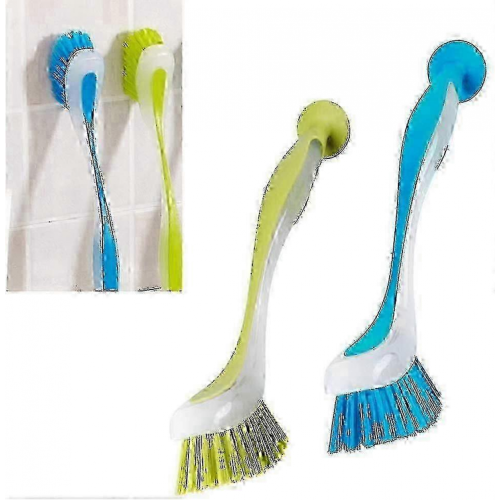 2025 2pcs Dish Brush with Long Handle Soft Grip Friendly Bristles and Suction Cup