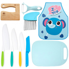 26-27 9 Pieces Wooden Kids Knifes Set Potato Wave Knife Plastic Knives With Apron Peeler Perfect Starter Knife Set