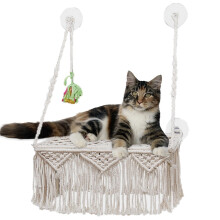Boho Cat Window Bed, Suction Cup Indoor Cat Bed, Woven Tassel Design, Sunbathing Pet Rest Seat, Safe SpaceSaving Shelf