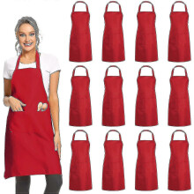 (Red) 12 Pack Plain Bib Aprons With 2 Pockets - Black Unisex Commercial Apron Bulk