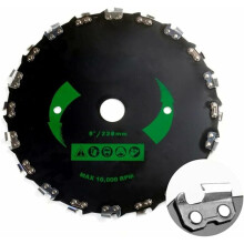 Lâmina de motosserra para roçadeira, feita de aço manganês, com dentes afiáveis, operação em alta velocidade de até 10.000 RPM e tratamento