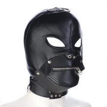 BDSM Hood PU Leather Head Mask with Open Eyes Mouth and Adjustable Zipper for Roleplay