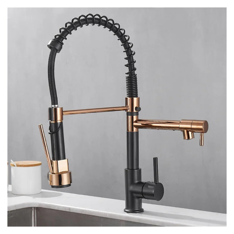 Pulldown Kitchen Sink Faucet Brass Hot Cold Water Mixer Crane Faucet 360 Swivel Arc Dual Spouts Rose Gold Black 9189345308000