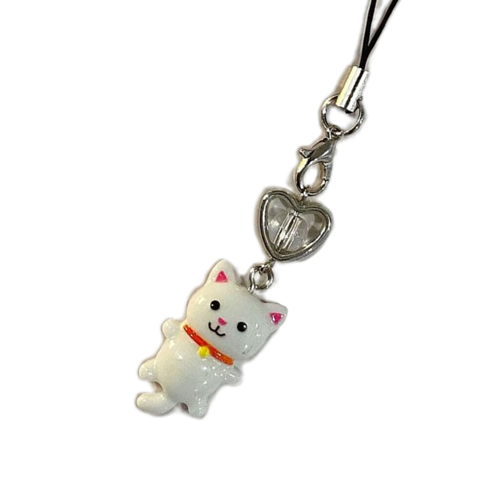 Lovely Cat Pendant Phone Chain Strap Heart Charm- White 7732000913013