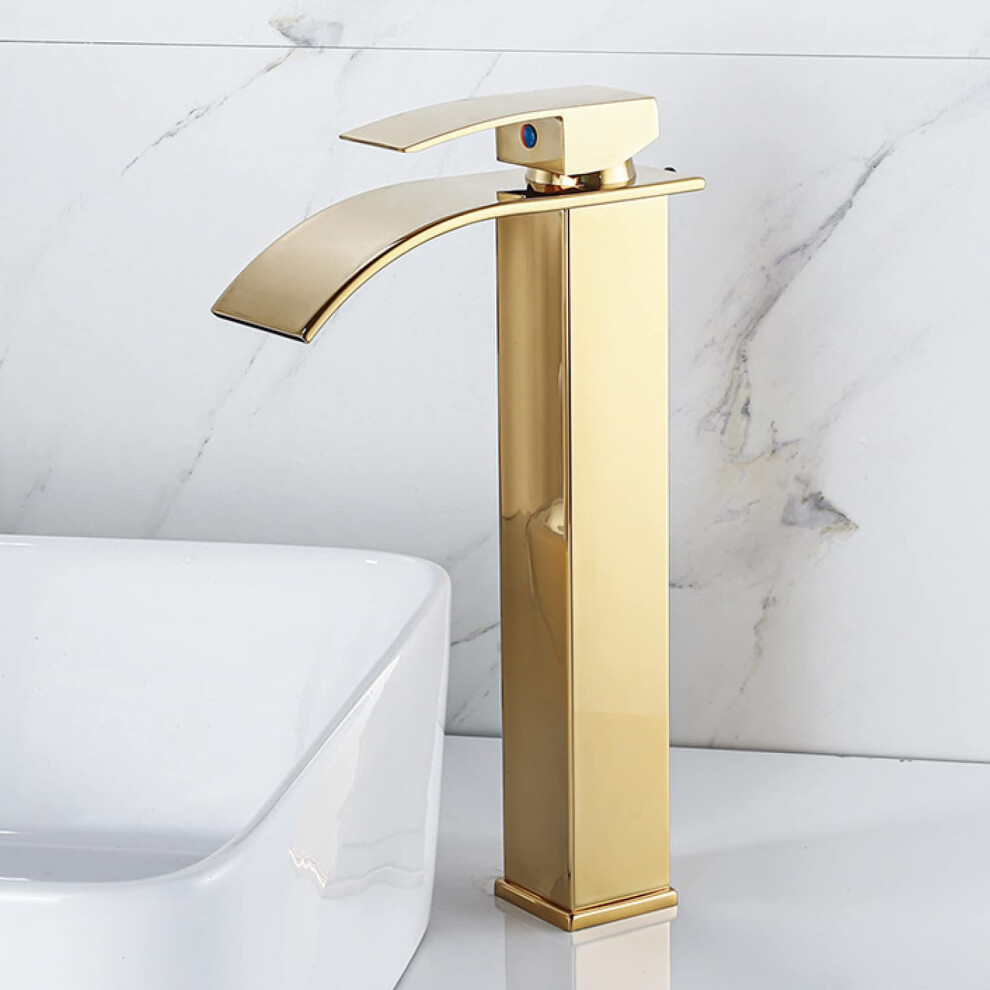 Bathroom Sink Faucet Waterfall Stainless Steel Hot And Cold Water Single Handle Gold Finish 9347817113525