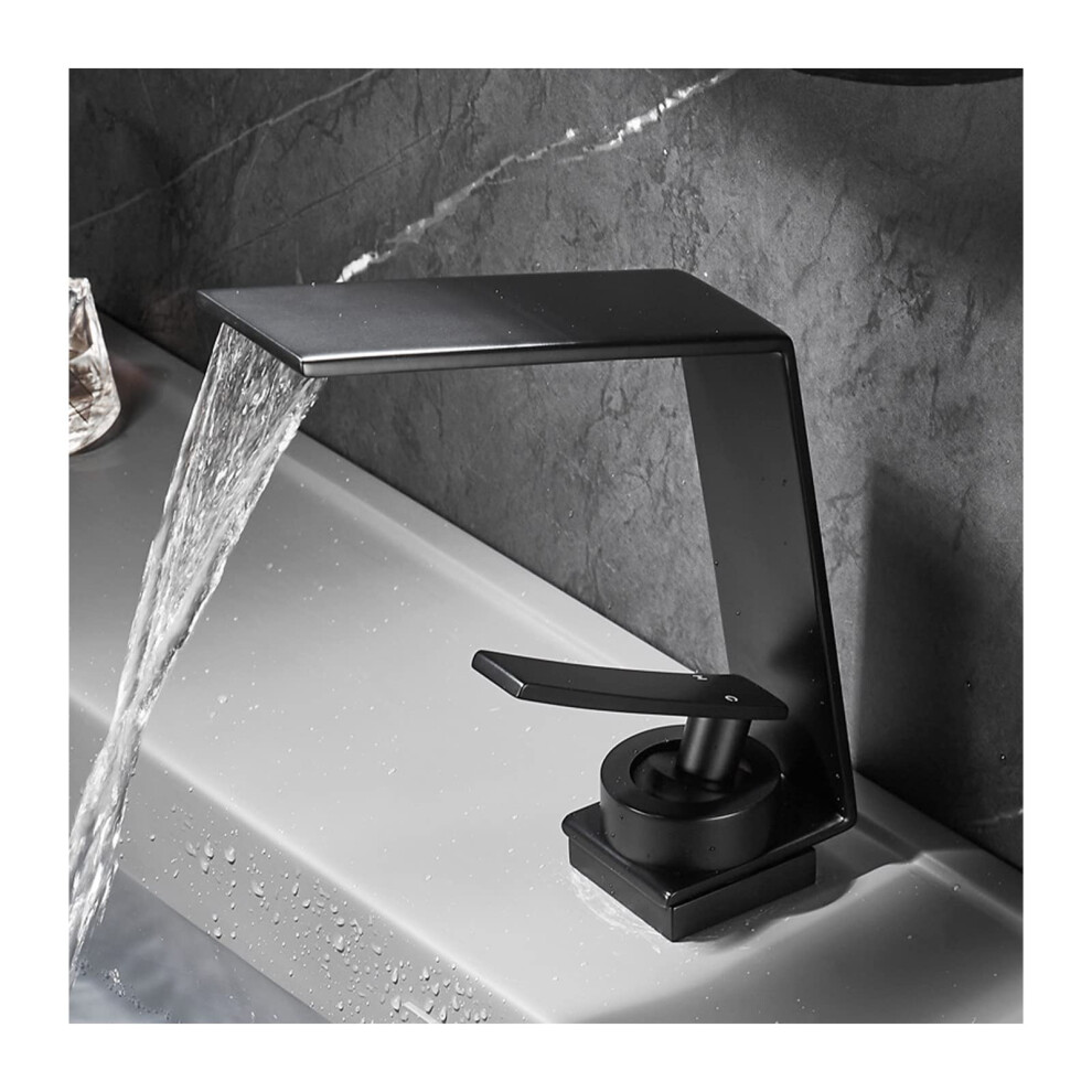 Waterfall Bathroom Faucet, Singlehandle Vessel Sink Faucet, Deckmounted Mixer Tap, Hot And Cold, Silver/Black Finish 9189345308666