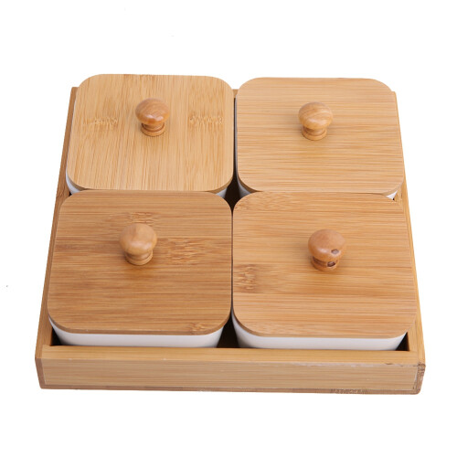Divided Serving Dishes with Ceramic Base, Multi-Functional Serving Dish Set for Appetizers Snacks and Condiments, Stylish Serving Tray with Natural