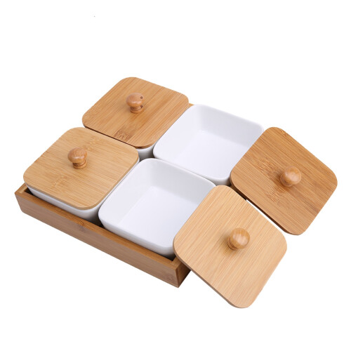 Divided Serving Dishes with Ceramic Base, Multi-Functional Serving Dish Set for Appetizers Snacks and Condiments, Stylish Serving Tray with Natural 2