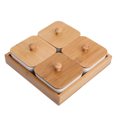 Divided Serving Dishes with Ceramic Base, Multi-Functional Serving Dish Set for Appetizers Snacks and Condiments, Stylish Serving Tray with Natural 1