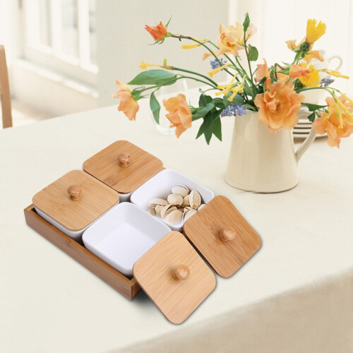 Ceramic Appetizer Serving Platter with Bamboo Tray, Divided Serving Dishes with Bamboo Cover for Dip Veggies Candy Snacks, Multi-Functional Serving 2