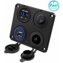 4-in-1 stroomoplossing voor voertuigen, dubbele USB-aansluiting voor auto's, vrachtwagens en campers, geïntegreerd met LED-voltmeter,
