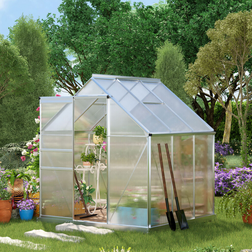 Outsunny Polycarbonate Walk-In Garden Greenhouse W/ Sliding Door Tone Silver