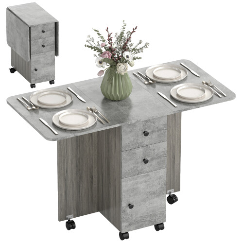 Homcom HOMCOM Folding Dining Table, Drop Leaf Table With Storage Drawers Grey Marble 1