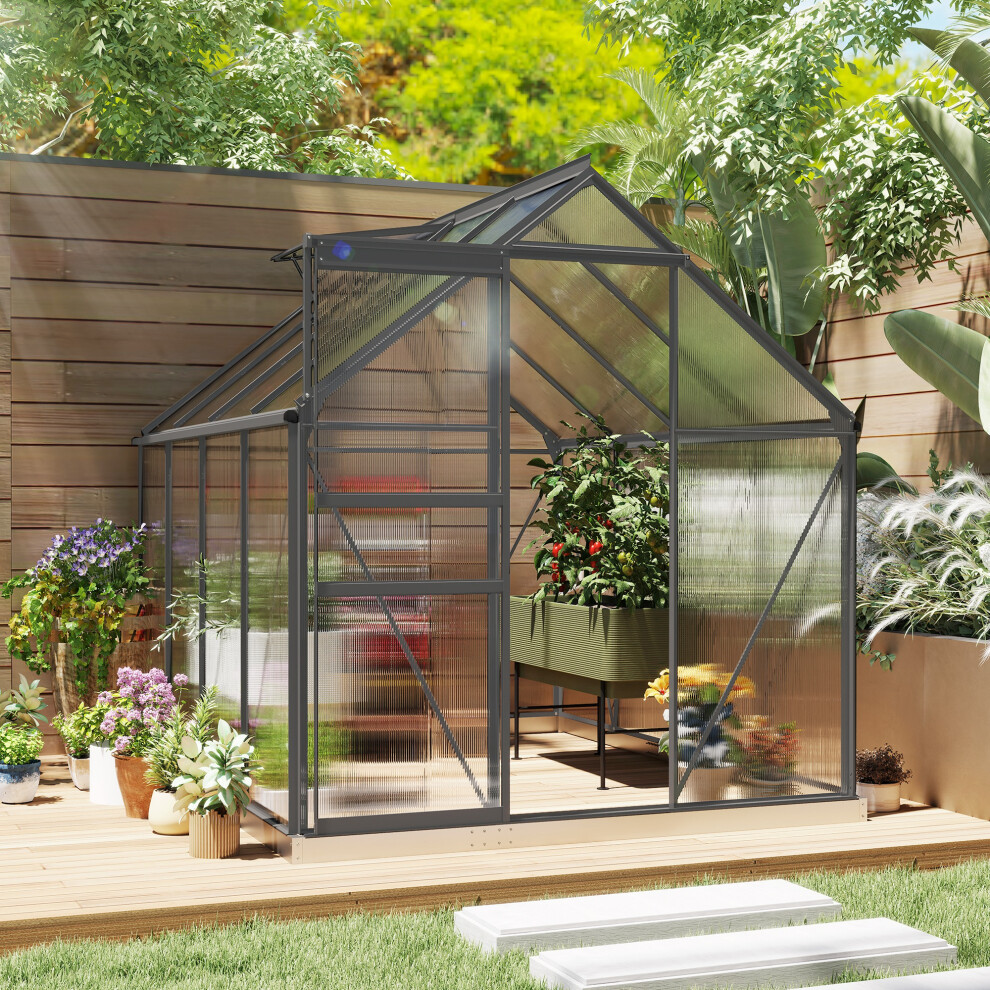 Outsunny Polycarbonate Walk-In Garden Greenhouse W/ Sliding Door Dark Grey