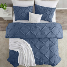 (Double, Navy Blue) Imperial Rooms Pintuck Duvet Cover-3pc Microfiber Duvet Cover with Pillowcases