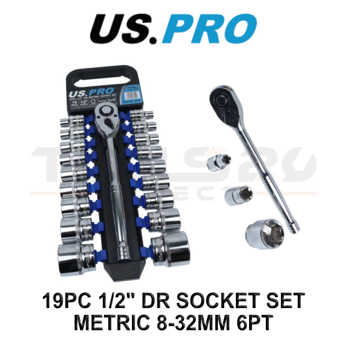 us pro US PRO Tools 19pc 1/2" dr Metric Socket Set, Sockets, Ratchet 8 to 32mm 3270