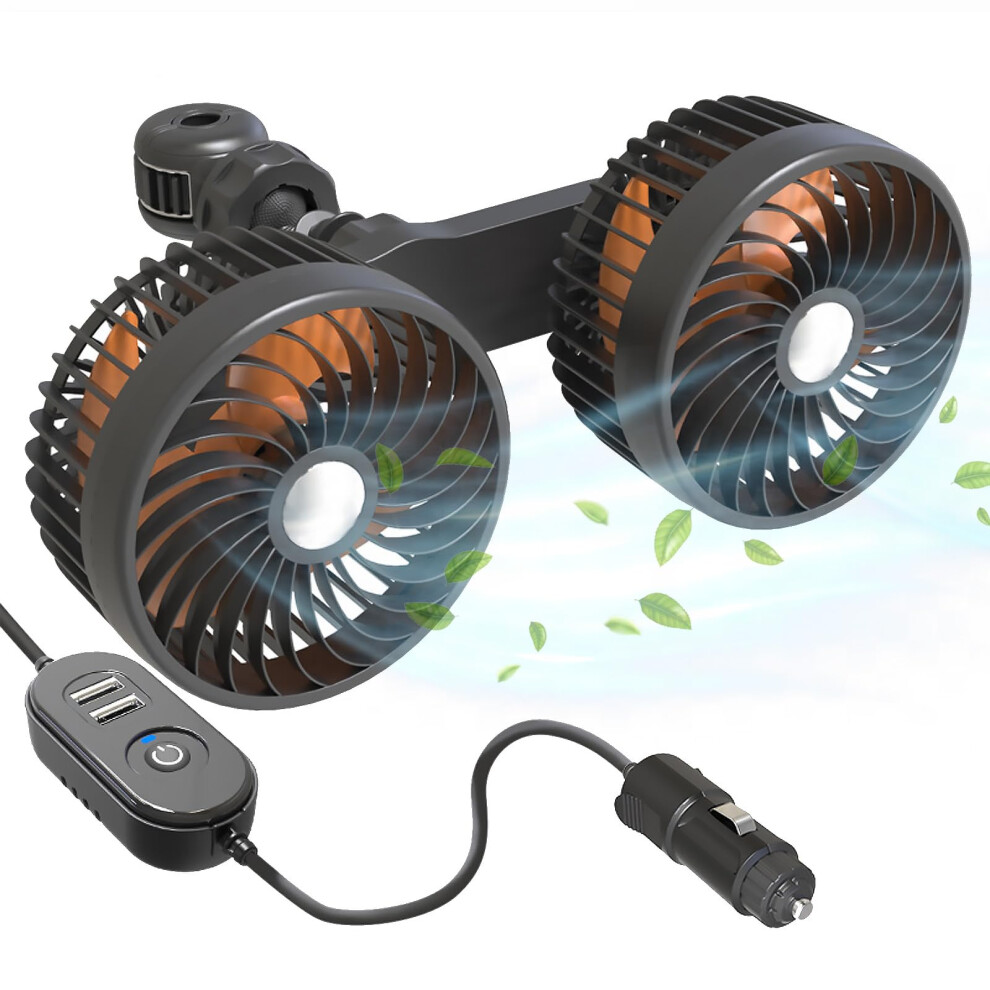 Car Fan Back Seat 12V/24V, Double Head Car Fan With Usb, Quiet 360 Rotating Fan With 3 Speeds For Suv Truck Rv 9426802469493