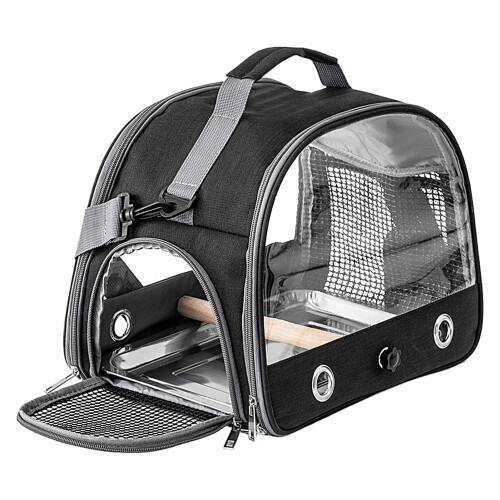 Bird Travel Carrier Clear Cage With Shoulder Window, Light Ventilated Mesh, Removable Perch, Black/White Panel